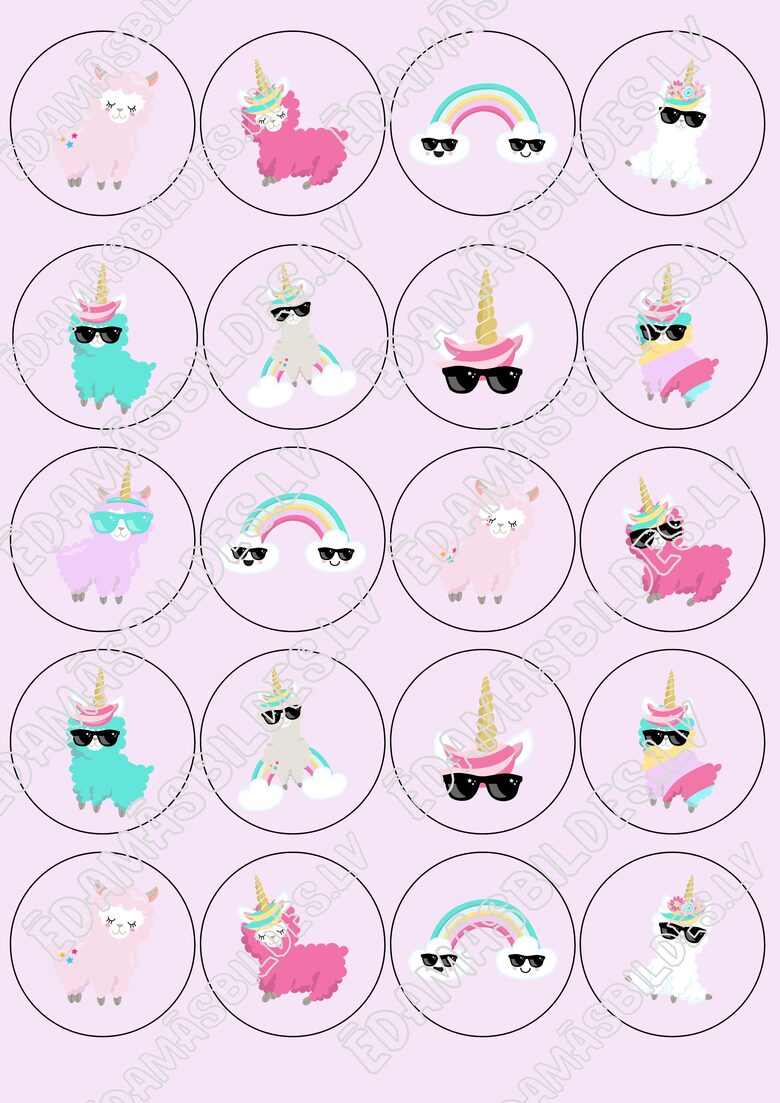 Cukura papīrs ar apdruku "Lama Unicorn", kapkeiku aplīši 5 cm